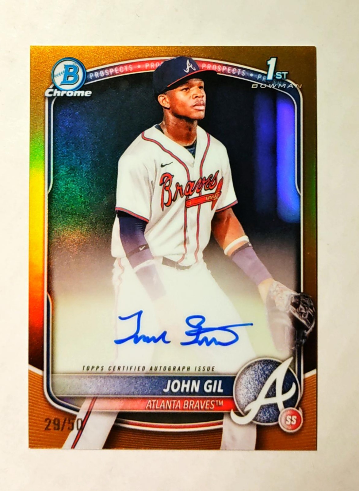 John Gil 2025 1st Bowman Chrome AUTO Prospect TRUE GOLD REFRACTOR 29/50 RC C6