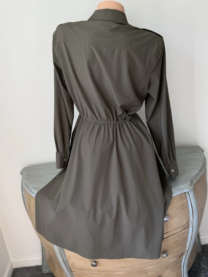 Calvin Klein Safari Shirt Dress Women's Olive Green Tie Button Front Z 10 M - Image 3 of 4