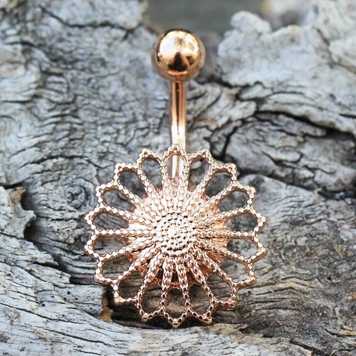 Rose Gold Plated Ornate Flower Navel Ring - Image 3 of 3