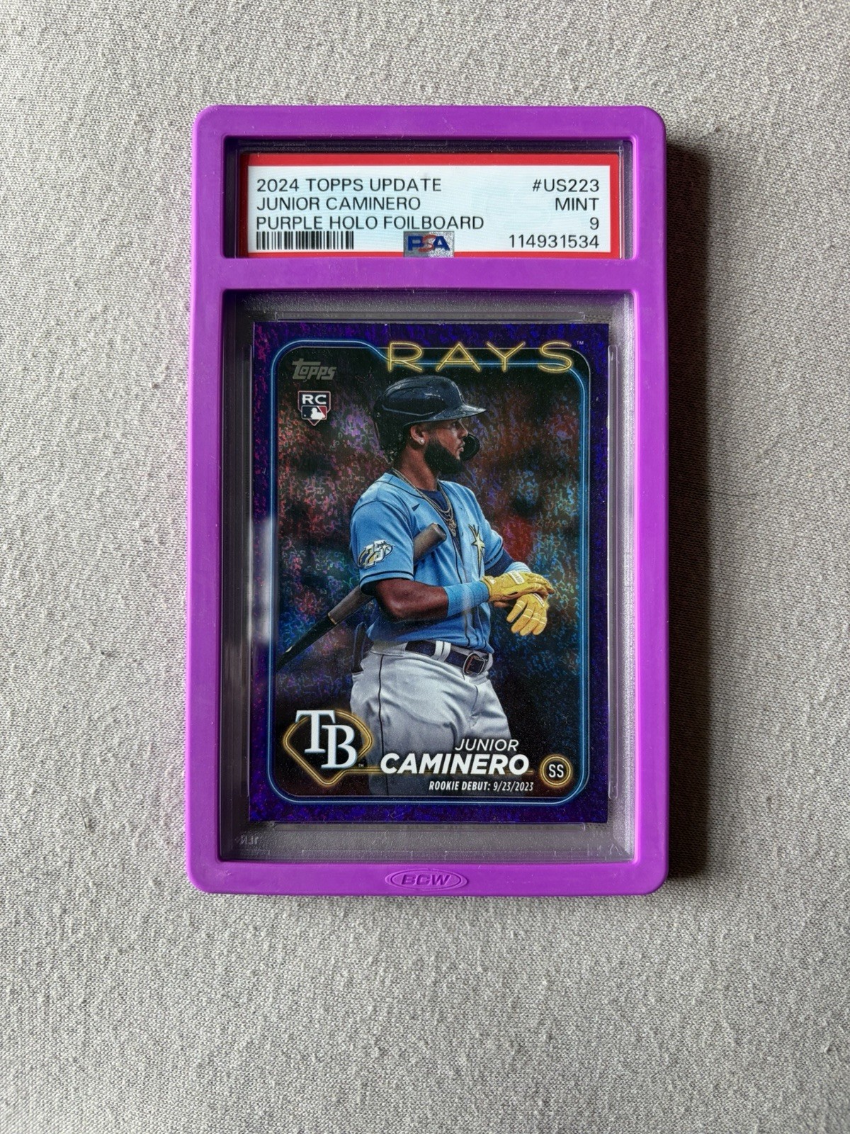 2024 Topps Update Rookie Debut Junior Caminero  Purple Foilboard /799 (RC) PSA 9