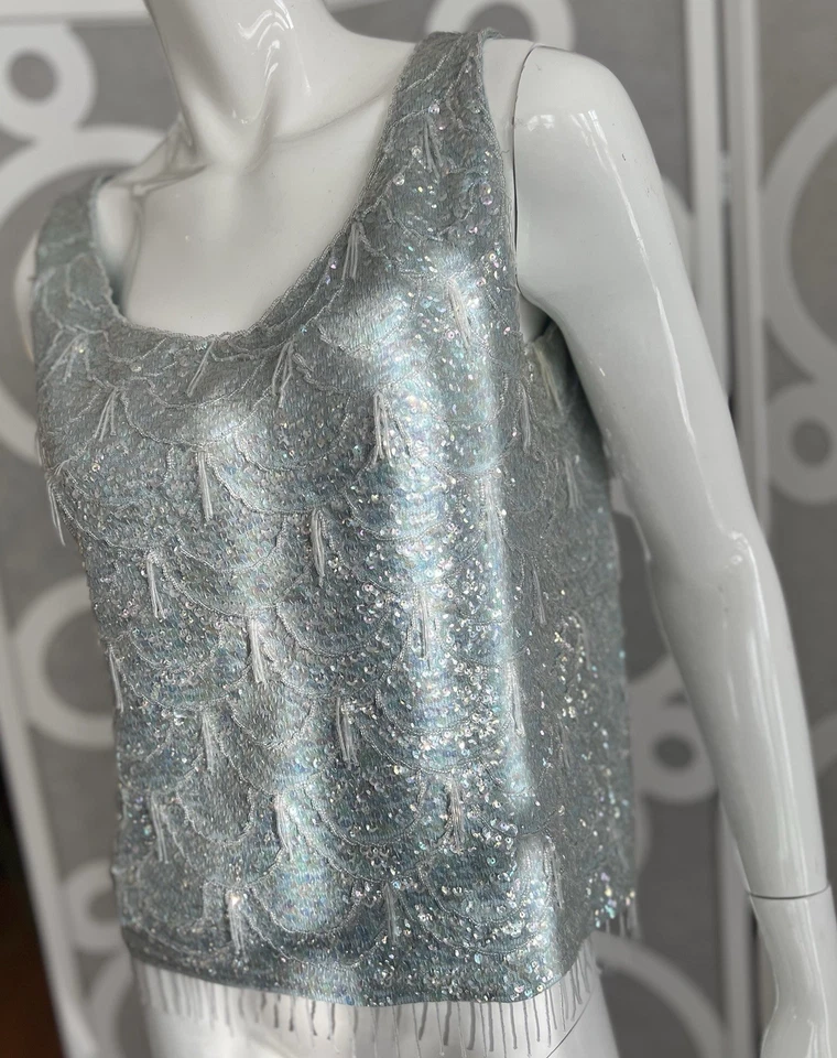 1950s Beaded Wool Tank Top Large Baby Blue Shimmy Showgirl Blouse Zip Lined Vntg - Image 4 of 4