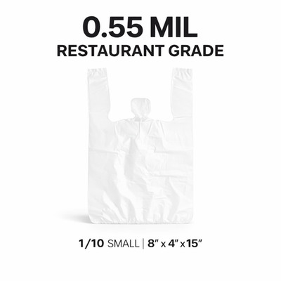 8x4x15 White T-Shirt Grocery Bags 0.55 Mil HDPE Plastic 1/10 Small Bulk