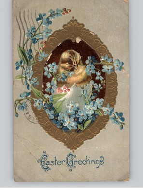 Vintage 1911 Easter Greetings Embossed Chick Flowers Postcard
