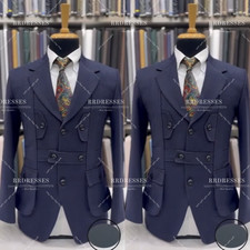 Navy Blue Men's Safari Jacket Hunting Jacket Pants Outdoor Casual Suit 2Pcs