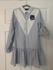 Ralph Lauren Girls Dress Size 14 Blue White Stripe Button Front Ruffle Hem Prepp
