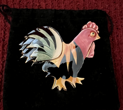 #ad #ad ExClaymations ROOSTER Brooch Pin 22 K Gold Trim Art To Wear Velvet Bag Vintage $25.00