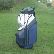 15-Way Premium T-Lock Golf Cart Bag with Handles & Rain Hood (White/Gray/Blue)