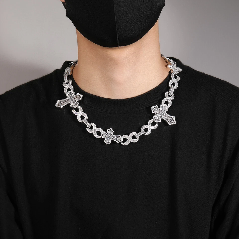 5AAA+ CZ Ice Out Hop Hip Baguette Infinity Cross Cuban Link Chain Necklace 15MM - Image 4 of 4