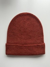 100% Pure Cashmere Ribbed Russet Red Brown Longer Beanie Hat Fisherman Knit Soft