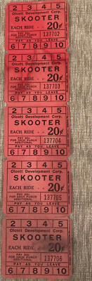 MR1404:Strip of 5 Vintage Olcott Beach Amusement Park Skooter Tickets