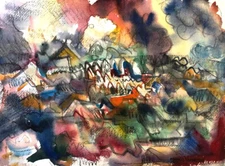 Morris Yudelson – Original Watercolor Painting / ”Bright House Rows View” - 1978