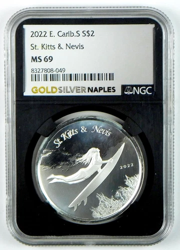 2022 E. Caribbean St. Kitts & Nevis Surfer 1 Oz .999 Silver Coin - NGC MS 69