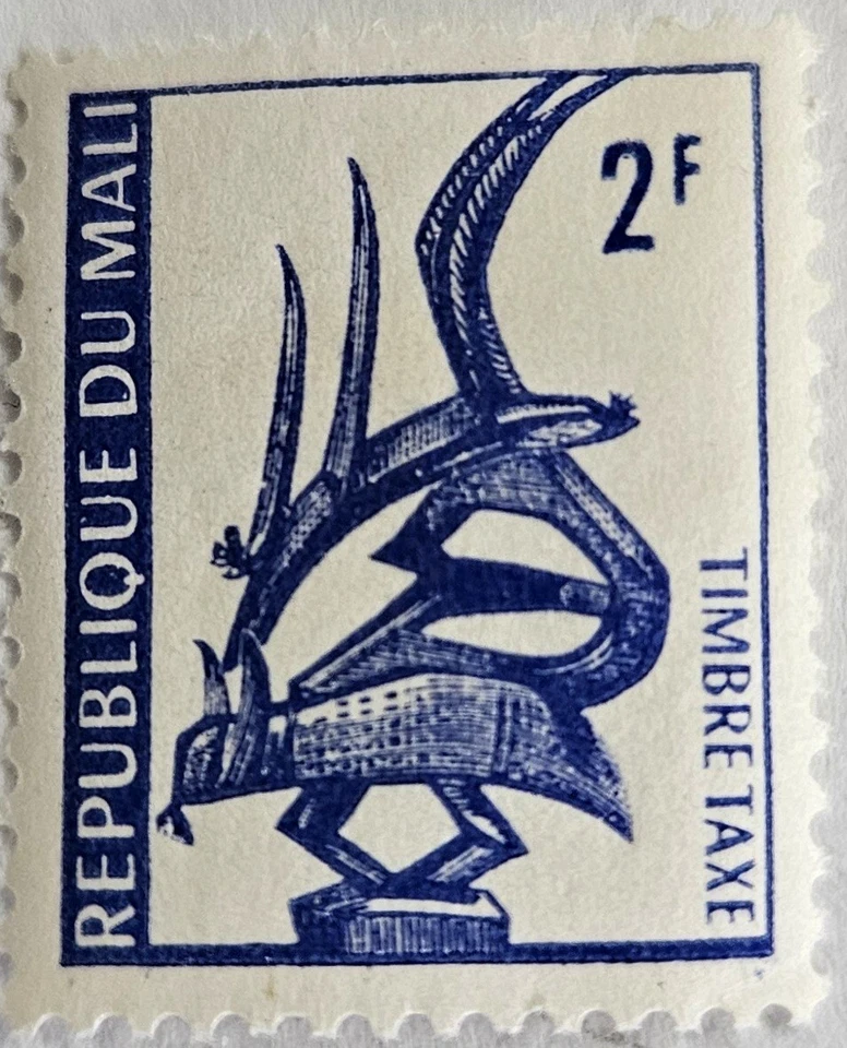 Malí DE COLECCIÓN 1961, "Postaje adeudado" 2 francos, COMO NUEVO, VLH, sello único, ¡máscara de madera! Foto 2 de 3