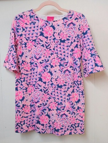 Lilly Pulitzer Mädchen XL (12-14) blau rosa Tunika Glockenärmel Herzen Blumen