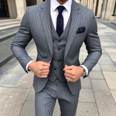 Men's Gray Pin Stripe 3 Piece Suit Slim fit Elegant Business Office Suit 3pc Set