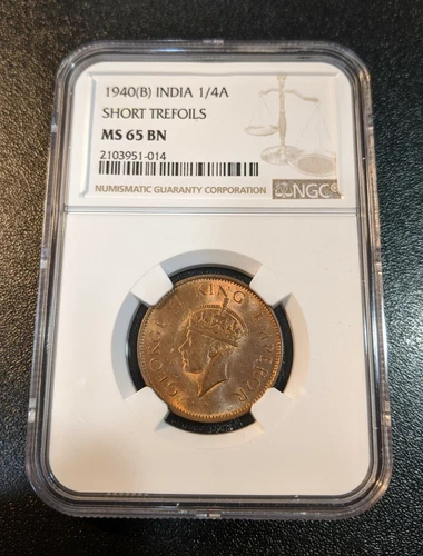 1940 B MS 65 BN India British 1/4 Anna NGC UNC KM 531 Short Trefoils George VI
