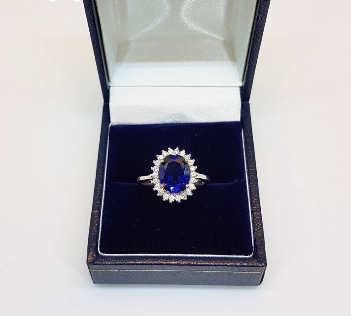 Rectangle Simulated Sapphire Halo Ring – .925 Sterling Silver Band, Sizes 5-10 - View #9