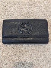 GUCCI Black Calf Skin Leather Interlocking GG Long Soho Flap Wallet