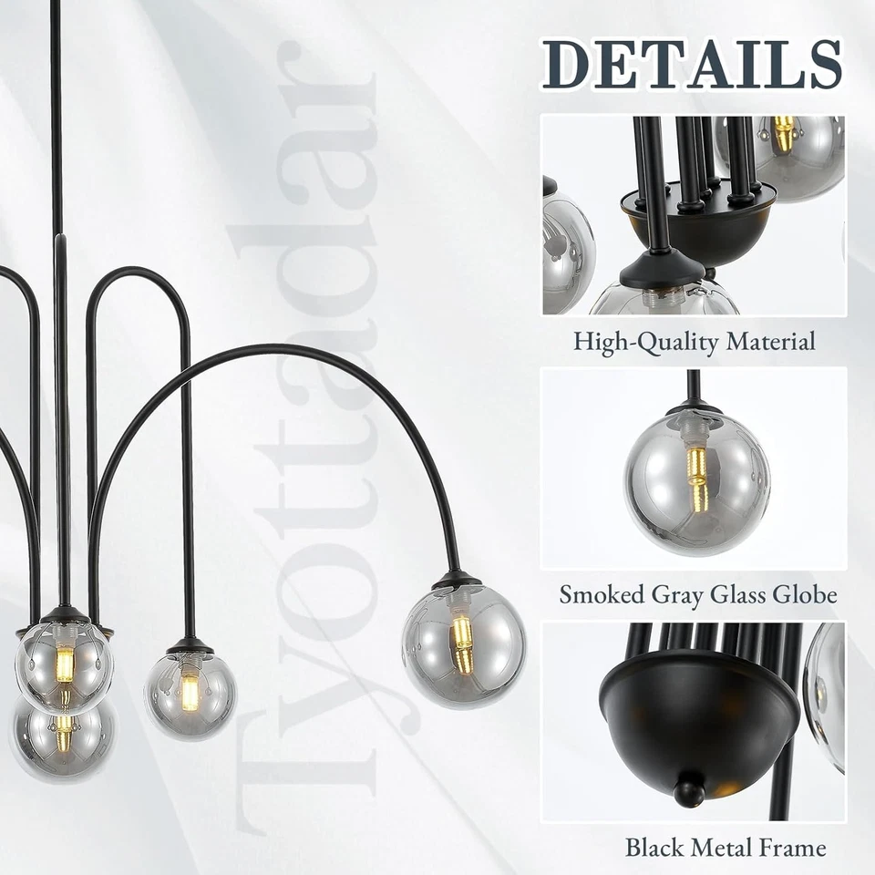 6-Light Modern Sputnik Chandelier Black w/ Smoked Glass Globes Adjustable Height - Image 4 of 4