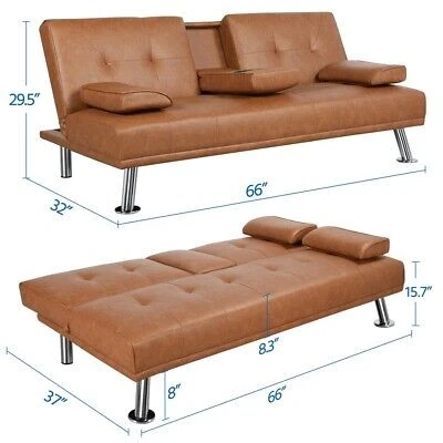 Futon Sofa Bed Modern Faux Leather Fold Up and Down Recliner Couch Cup Holder - Image 4 of 4