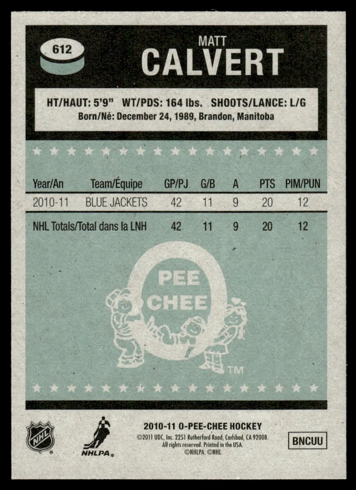 2011-12 O-Pee-Chee Retro Matt Calvert Rookie Columbus Blue Jackets #612 - Image 2 of 2