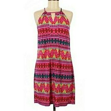 Vtg Festive Retro 70s Multicolor Glam Bright Halter Cutout Dress Sz M Mini Party