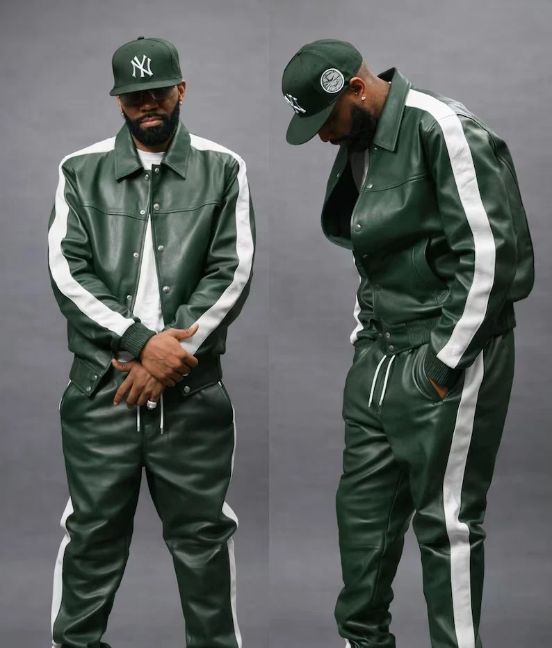 Men's Leather Track Suit Sweatsuit [Green/White] Jogging Tracksuit