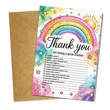 Thank You Teacher Card from Student, Rainbow Appreciation Fill In Card for Class