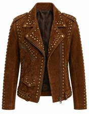 Women Brown Suede Studded Biker Jacket Leather Moto Western Style Rivet Coat