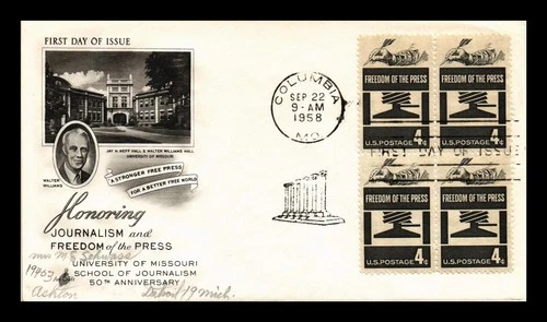 DR JIM STAMPS US COVER FREEDOM OF THE PRESS JOURNALISM FDC BLOCK OF 4 ADDRESSED