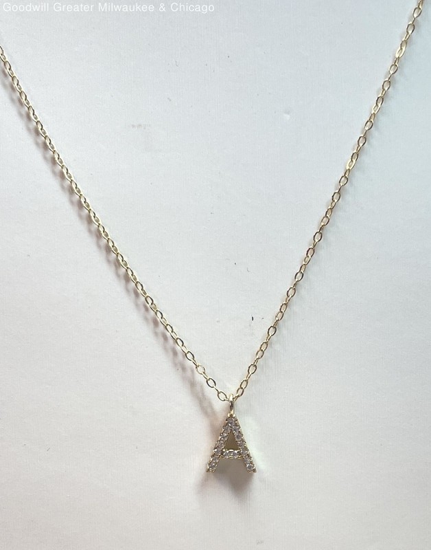 925 Sterling Vermeil "A" Rhinestone Pendant Necklace 1.5g