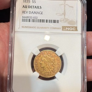 1835 $5 Capped Head Half Eagle Gold NGC AU Details Reverse Damage KM#76