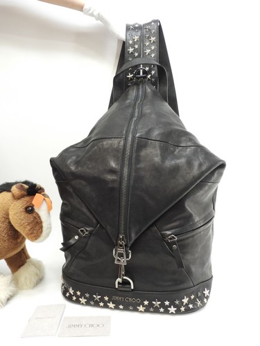 Jimmy Choo Fitz Roy Star Studded Leather Backpack Black Biker Bag from japan