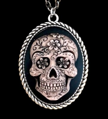 Sugar Skull Cameo Pendant Necklace, Vintage Distressed Pink, Day of the Dead