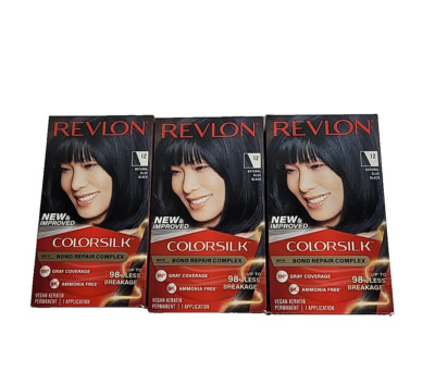 PACK OF 3  Revlon ColorSilk Permanent Hair Color, 12 Natural Blue Black