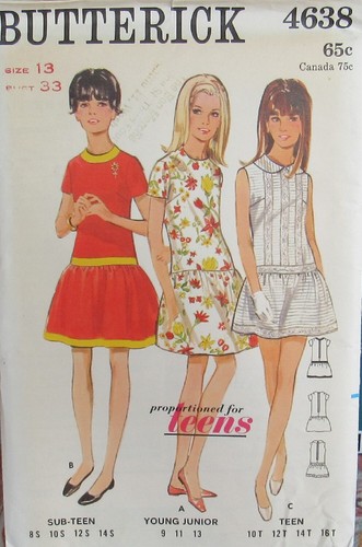 VTG 60s Butterick 4638 Girls Jr Teen Sz 13 Drop Waist Ruffle Dress Pattern Uncut