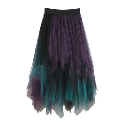 Damen Tüll Netz Farbverlauf Rock Unregelmäßig Netzgewebe Tutu Halb Kleid Midi
