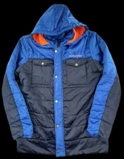 Dutch Bros Large Coffee Twin Falls Navy Blue Hooded Puffer Jacket Read Desc