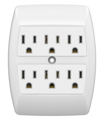 White 2 Outlet into 6 Outlet Adapter Grounded Wall Tap Indoor Electrical Plug