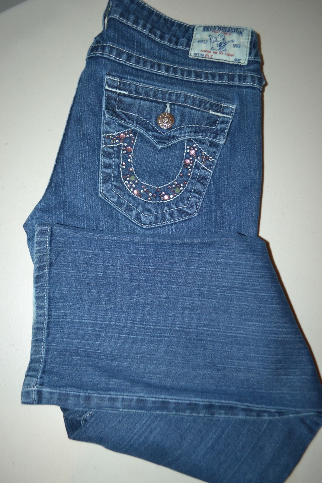 True Religion Women's Billy Straight Pocket Flaps w/gems Blue Jeans Sz 31x31
