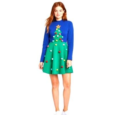 mighty fine christmas tree dress Women's Pom Pom Long Sleeve - green blue. Fun This blush
