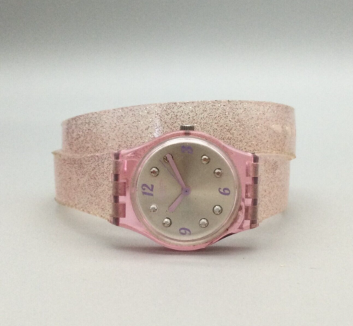 Swatch Brillante Watch Women Swiss Made 25mm Pink Glitter Wrap Band New Battery