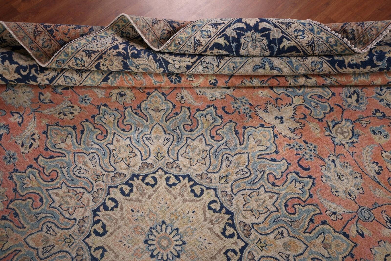 Vintage Pink/ Navy Blue Najafabad Large Rug 10x14 Wool Hand-knotted Carpet