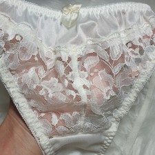VTG Slippery White Panty Sissy Nylon Lace Polyester Brief Size Small Hip 32-36"
