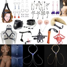 PU Leather Collar With Nipple Clamps SM Bondage Play sex Toys For Couples ^