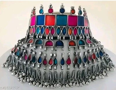 Ethnic Bollywood Style Design Silver Oxidized Choker Necklace Indian Jewelry Set