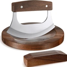 2Pc Ulu Knife & Cutting Board Set – Walnut Wood Mezzaluna Chopper Rocker Slicer