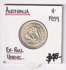 AUSTRALIAN: 1959 PRE-DECIMAL QEII SHILLING (1/) SILVER UNC COIN - EX ROLL #4147
