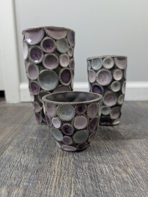 Set Of 3 Ceramic Planters Purple Gray Circles Match