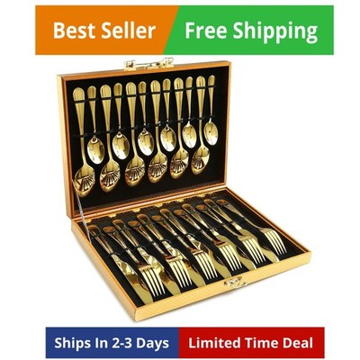Gold Silverware Set, 24-Piece Gold Forged Stainless Steel Flatware Set, Servi...